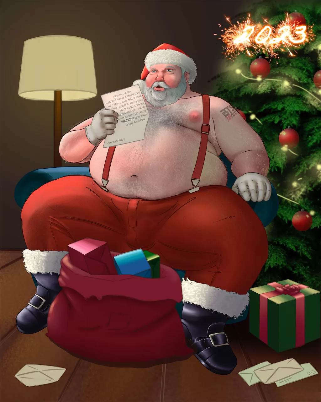 big hairy daddy like a santa in white pants and naked torso - 2